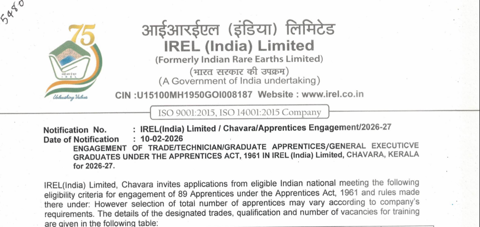 IREL Chavara Apprentice Recruitment 2026