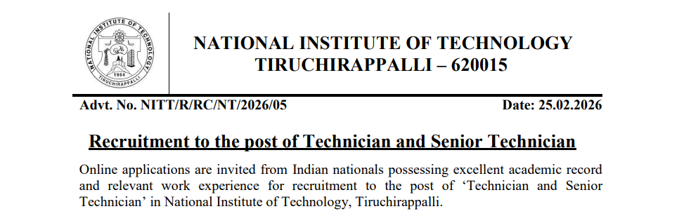 NIT Trichy Technician Recruitment 2026