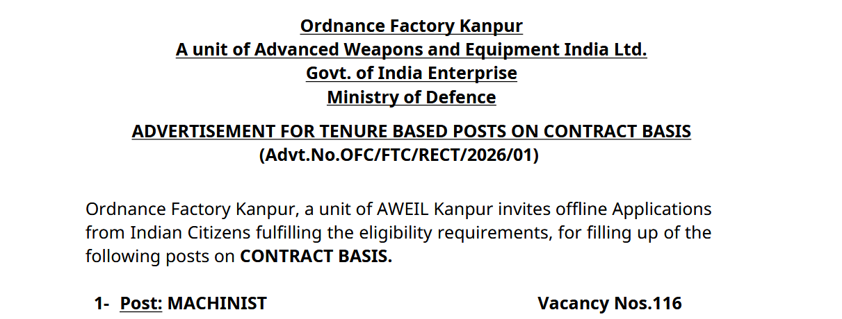 Ordnance Factory Kanpur Recruitment 2026