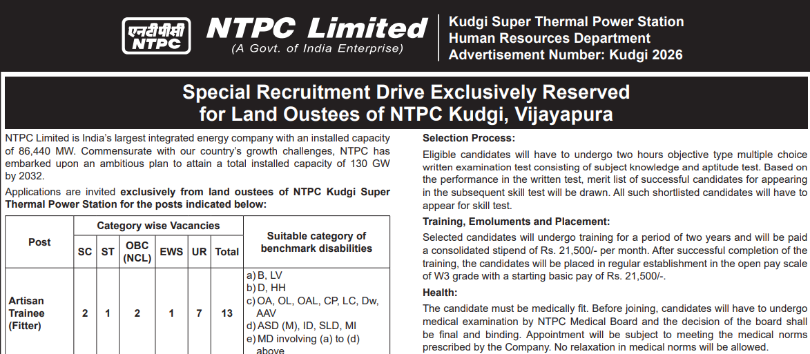 NTPC Kudgi Recruitment 2026