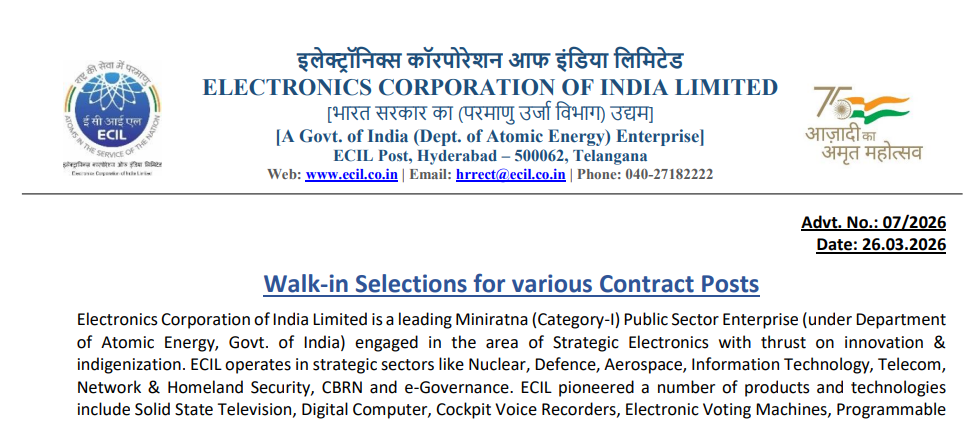 ECIL Contract Basis Walk in Recruitment 2026
