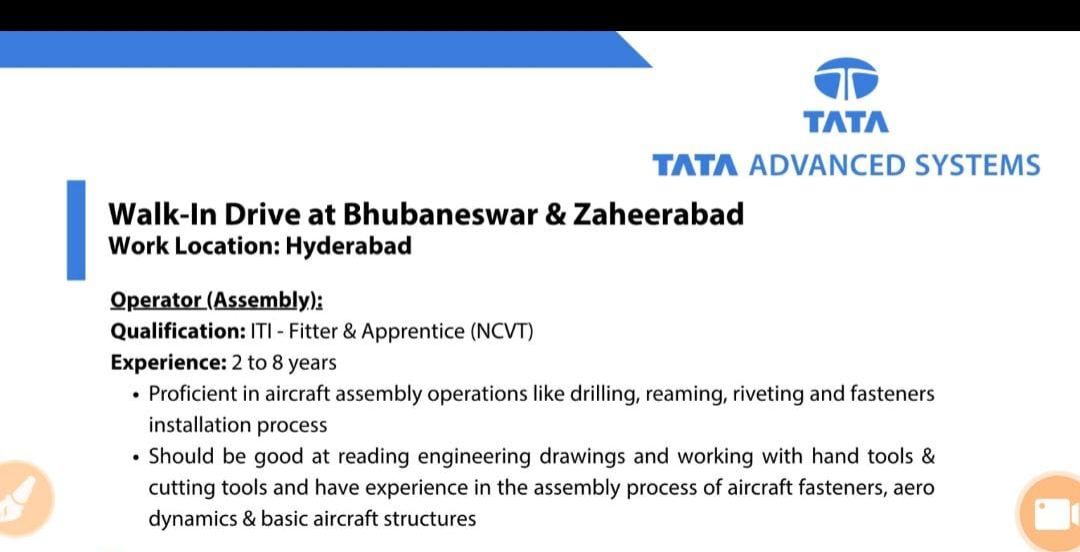 Tata Advanced Systems Walk-In Drive 2026 ITI Fitter