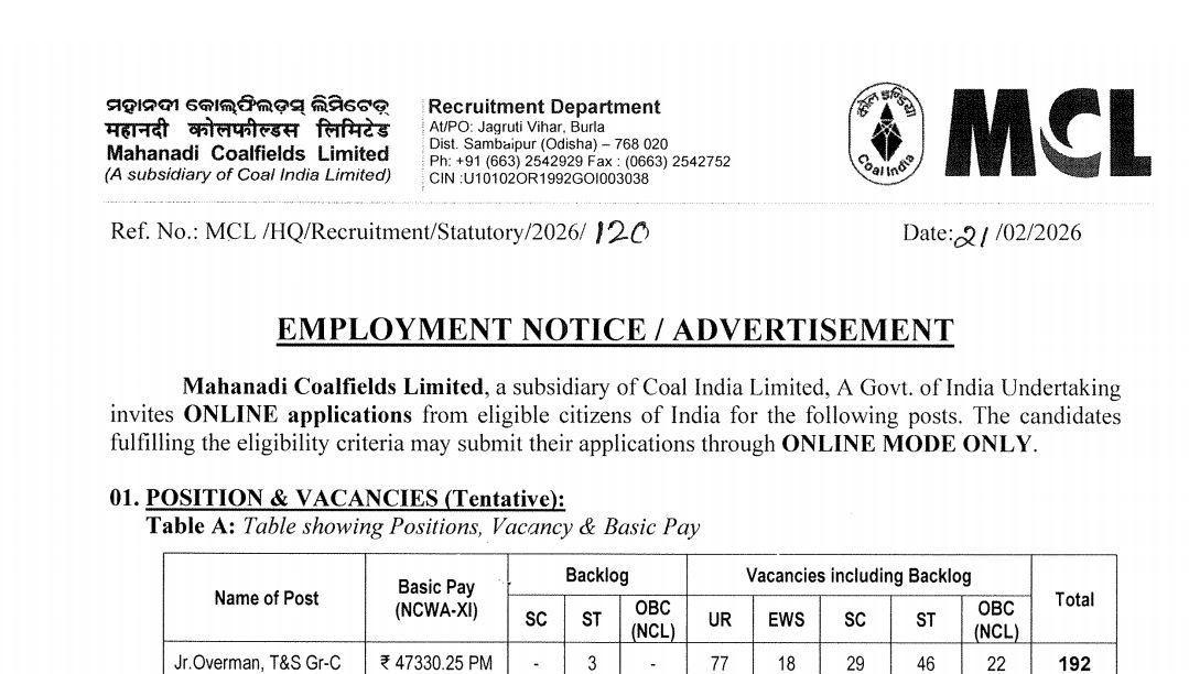 MCL Recruitment 2026 Notification