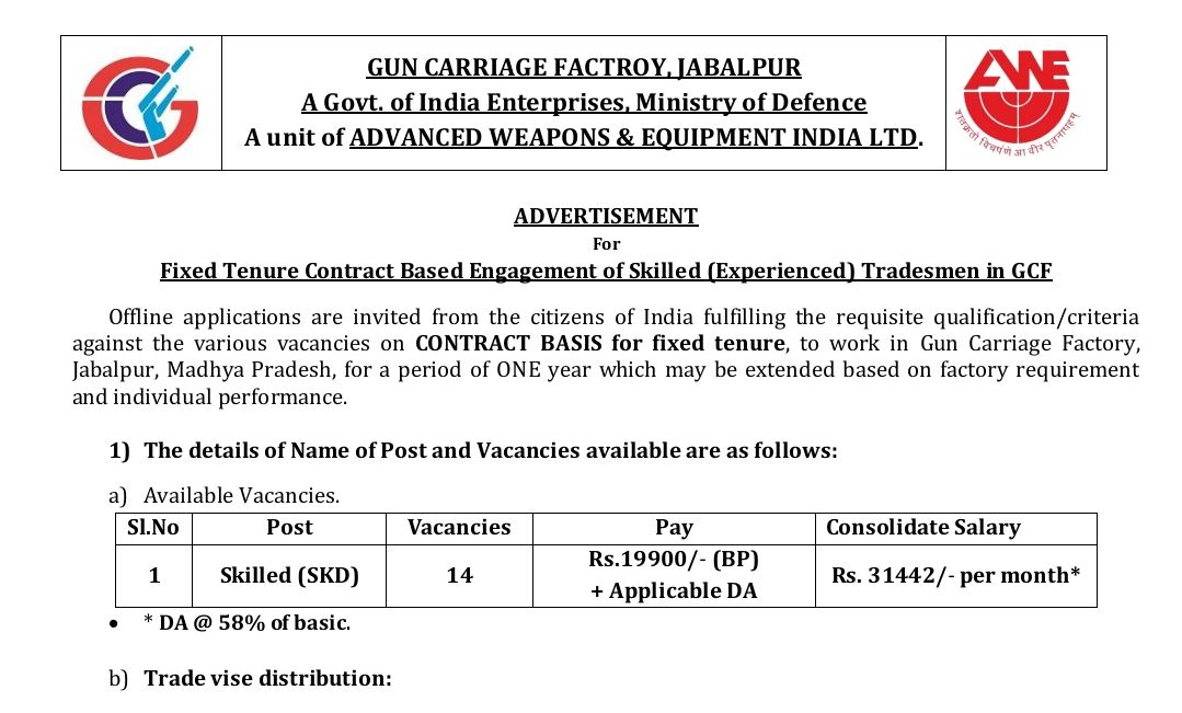 GCF Jabalpur Skilled Tradesmen Recruitment 2026