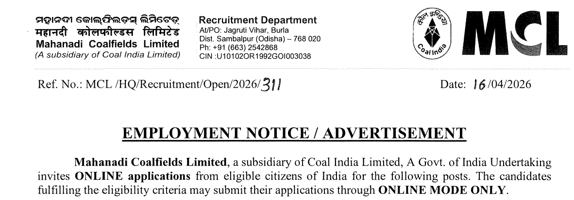 MCL Recruitment 2026 Detailed Notification