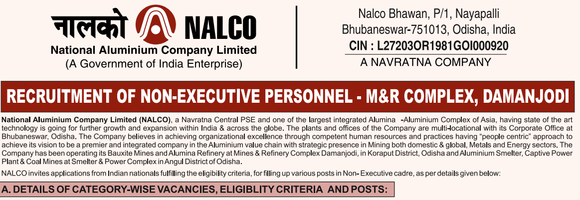 NALCO Non-Executive Recruitment 2026 Damanjodi Odisha