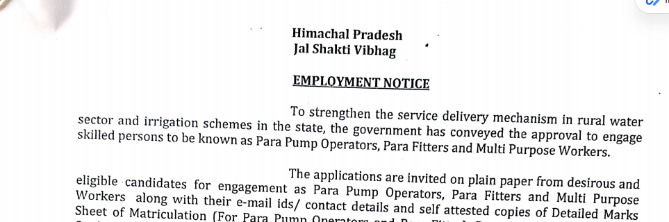HP Jal Shakti Vibhag Para Pump Operator Recruitment 2026 Himachal Pradesh
